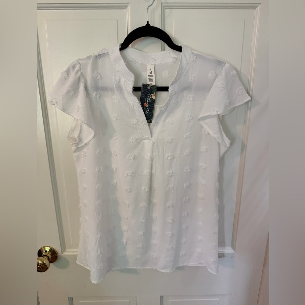 White Textured Flutter-Sleeve Blouse - Lightweight V-Neck